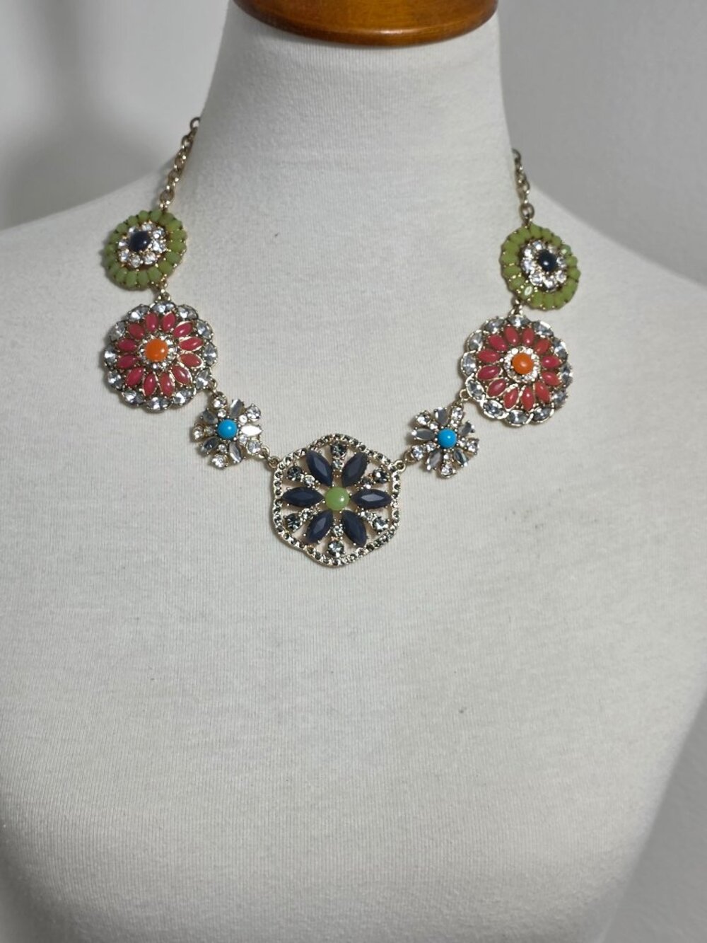 Susan Graver Floral Statement Necklace Multicolor Rhinestone Floral Medallions